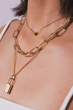 Gold Lock Multi Chain Necklace - N025GO
