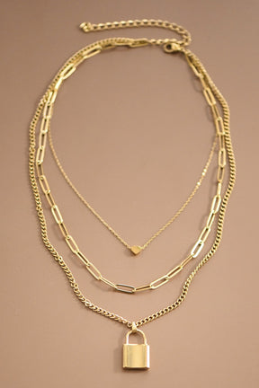 Gold Lock Multi Chain Necklace - N025GO