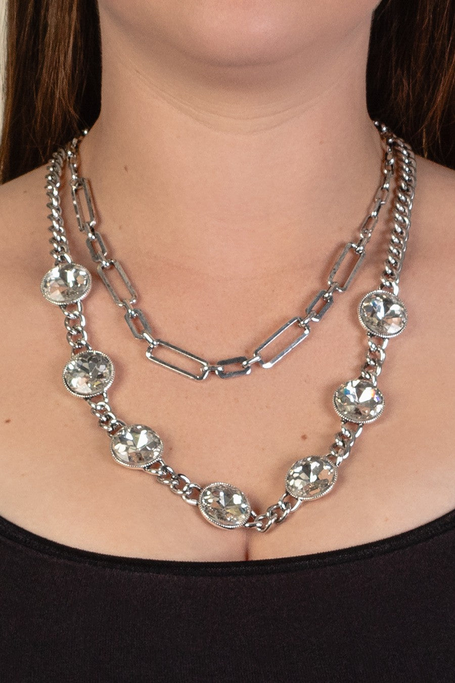 Silver Layered Crystal Necklace - N068SI