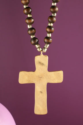 Brown Wood Beaded Necklace With Hammered Cross - N003BR