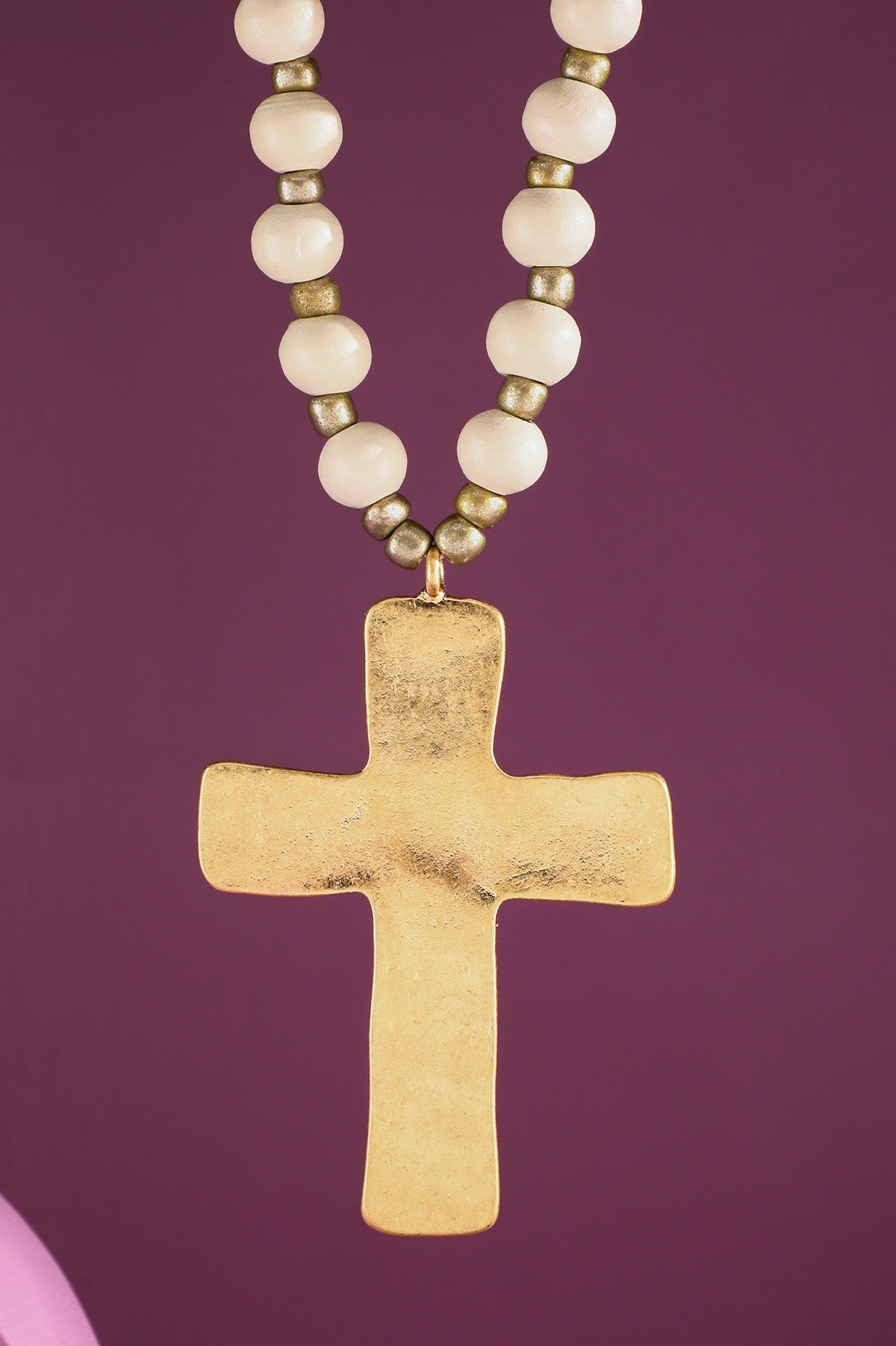 Ivory Wood Beaded Necklace With Hammered Cross - N002IV