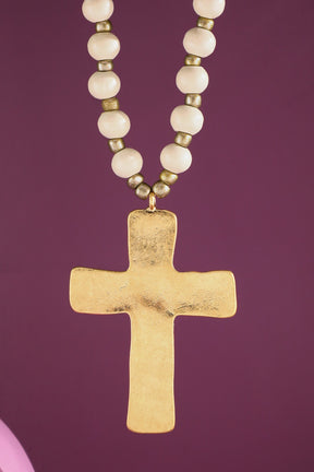 Ivory Wood Beaded Necklace With Hammered Cross - N002IV