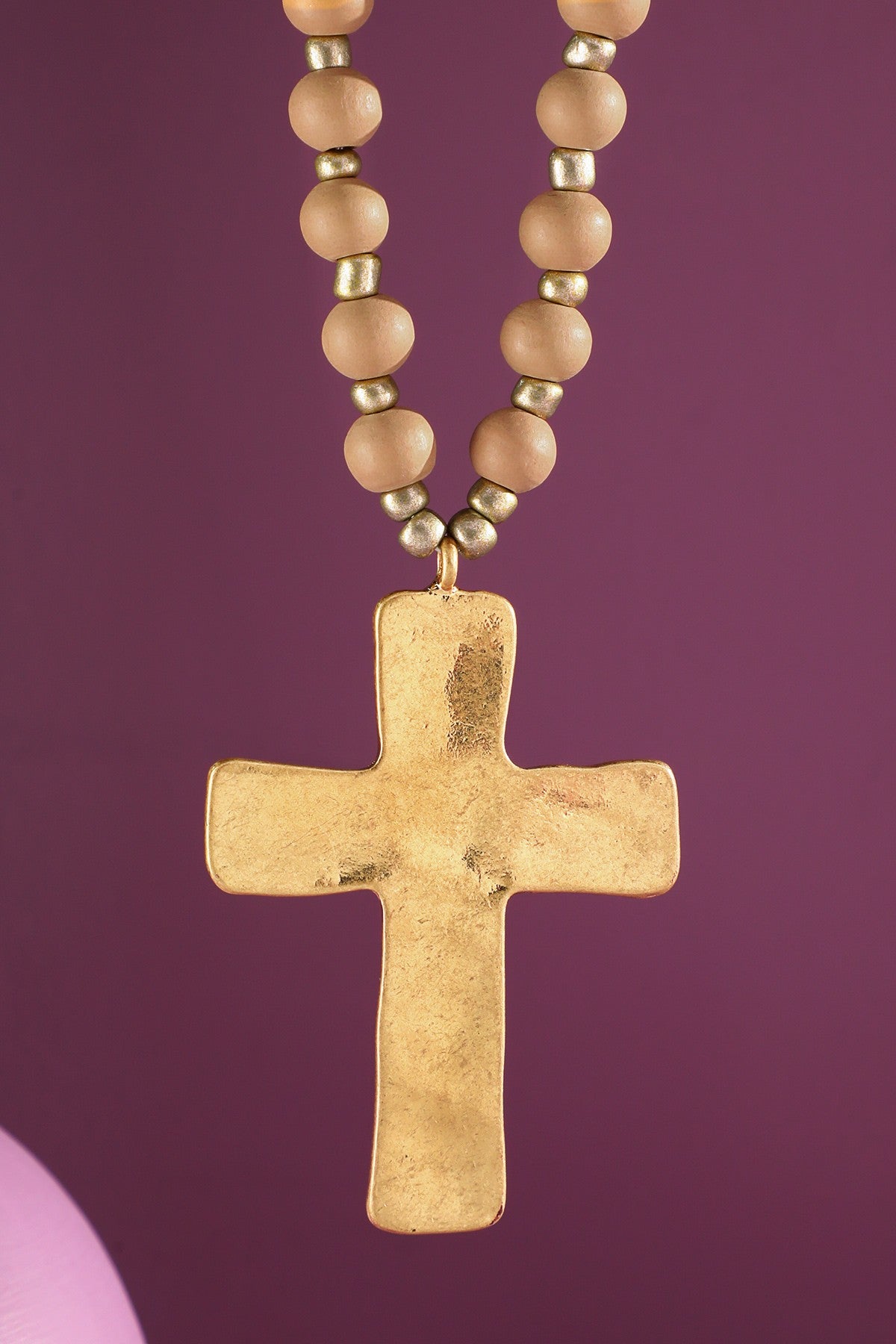 Nude Wood Beaded Necklace With Hammered Cross - N001ND