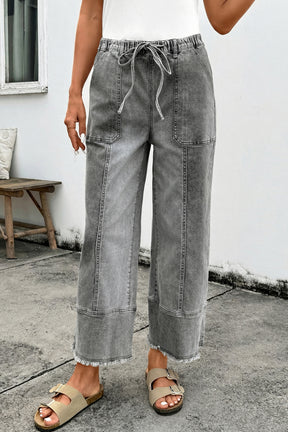 Worth Your While Gray Drawstring Wide Leg Denim Pant