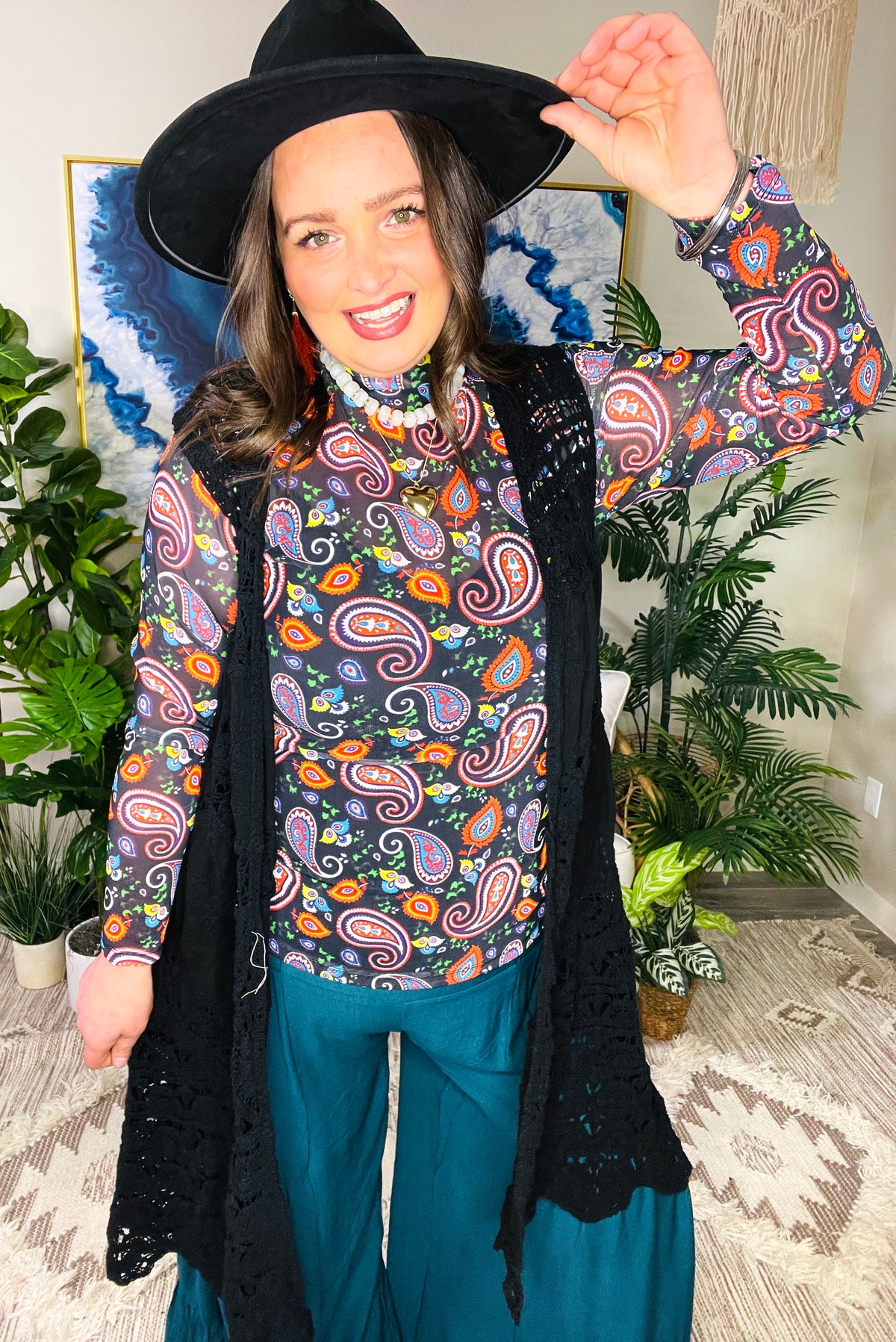 Paisley After Dark Mesh Top - YF011BK