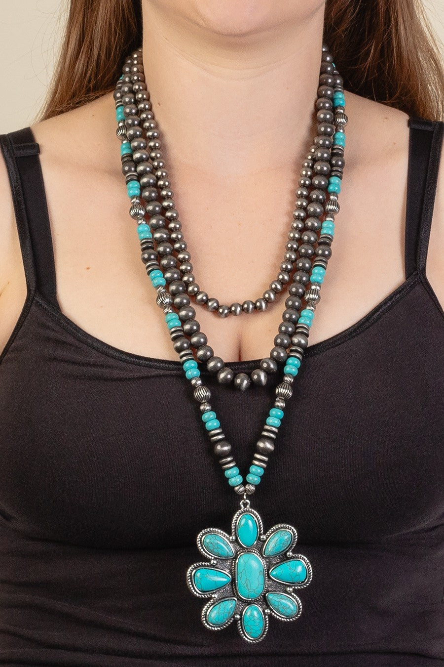 Turquoise Layered Squash Blossom Necklace - N021TU