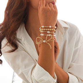 Multilayer Ball Chain Bead Pearl Bow Bracelet - B020PR