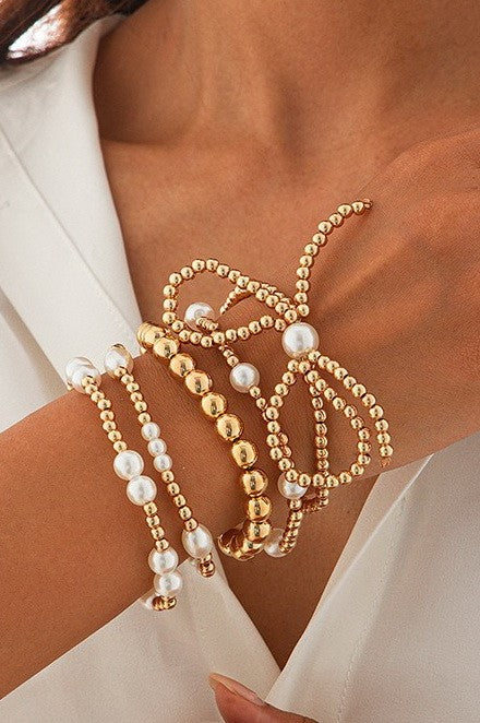 Multilayer Ball Chain Bead Pearl Bow Bracelet - B020PR