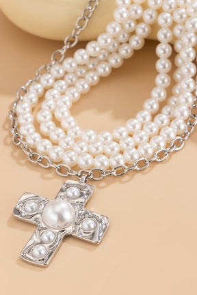 Triple Pearl Chain Cross Necklace - N077SI