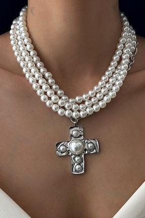 Triple Pearl Chain Cross Necklace - N077SI