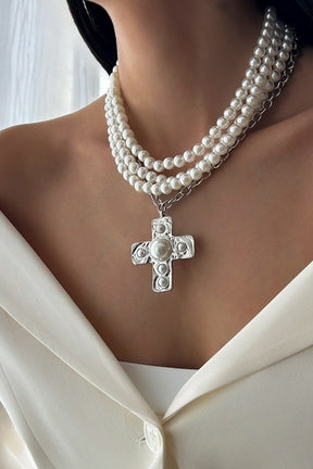 Triple Pearl Chain Cross Necklace - N077SI