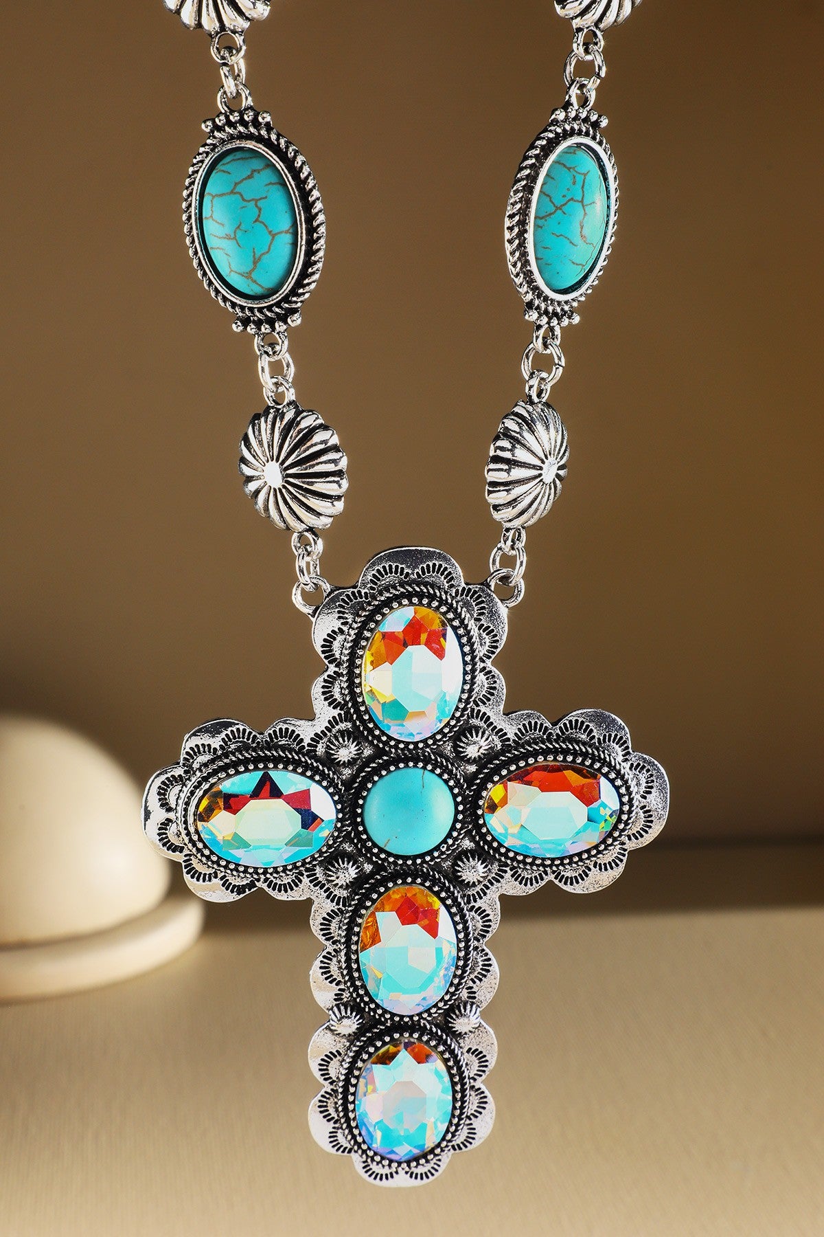 Turquoise Crystal Cross Necklace - N062TU