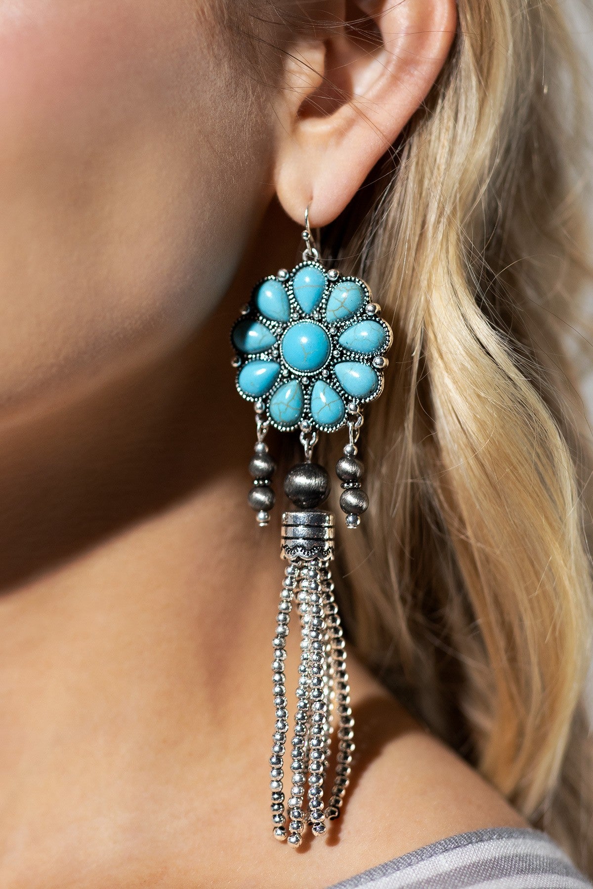 Multi-Turquoise Fringe Concho Earrings - E062TU