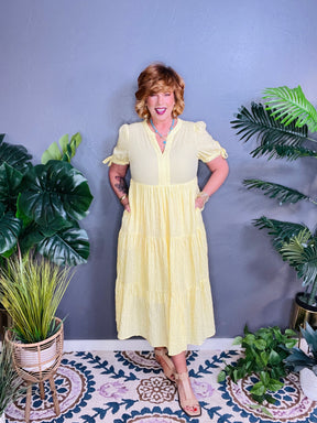 You Have My Attention Yellow Gingham Tiered Midi Dress