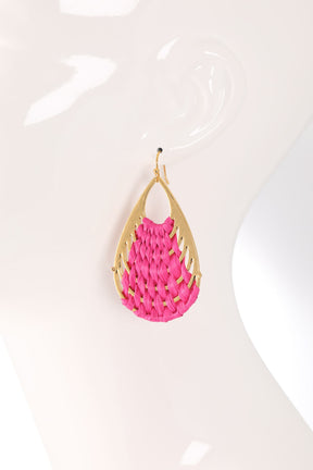 Fuchsia Woven Raffia Teardrop Earrings - E087FU