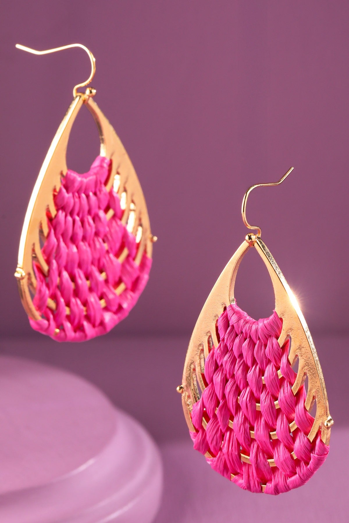 Fuchsia Woven Raffia Teardrop Earrings - E087FU