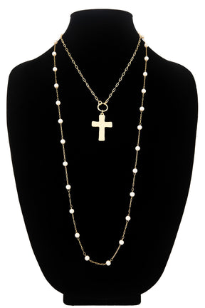 Pearl And Cross Pendant Necklace - N071GO