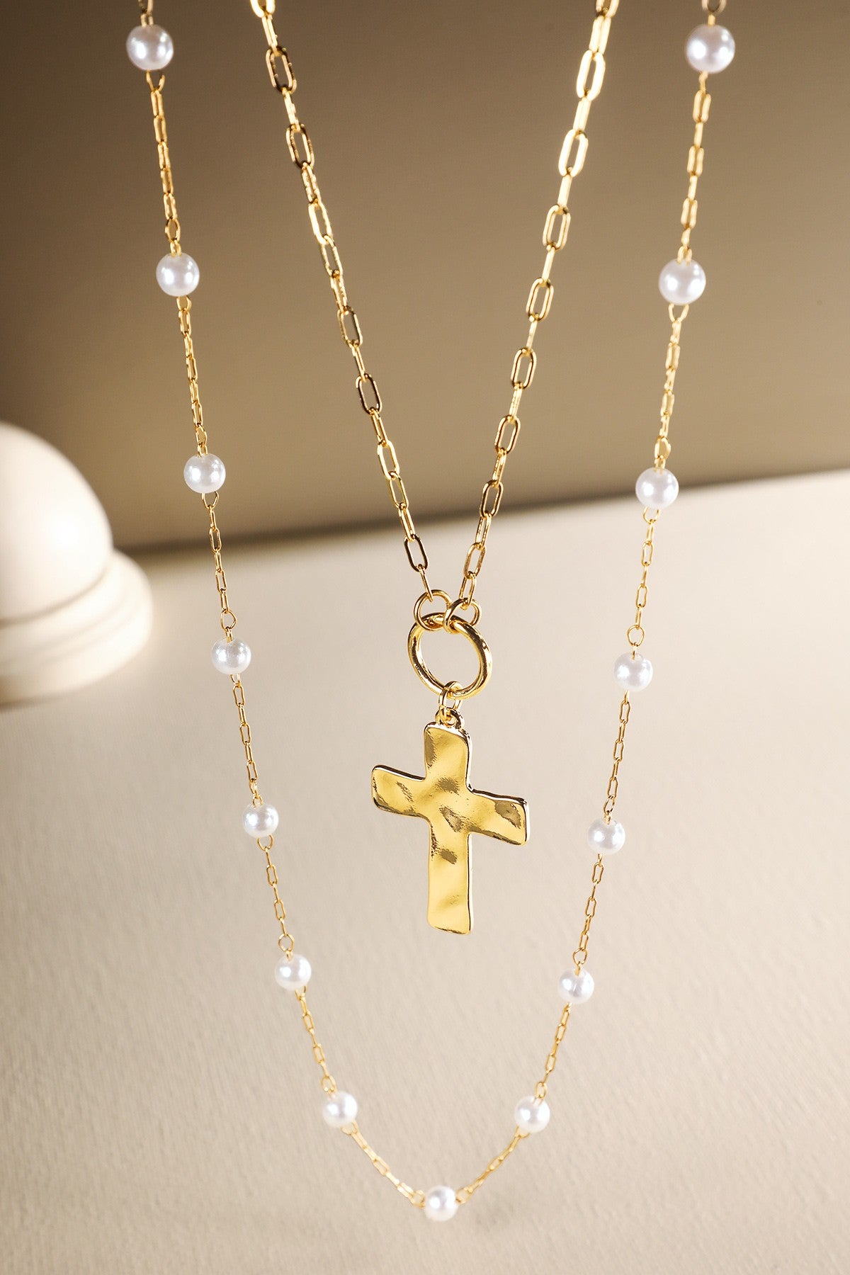 Pearl And Cross Pendant Necklace - N071GO