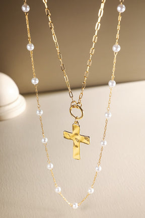 Pearl And Cross Pendant Necklace - N071GO