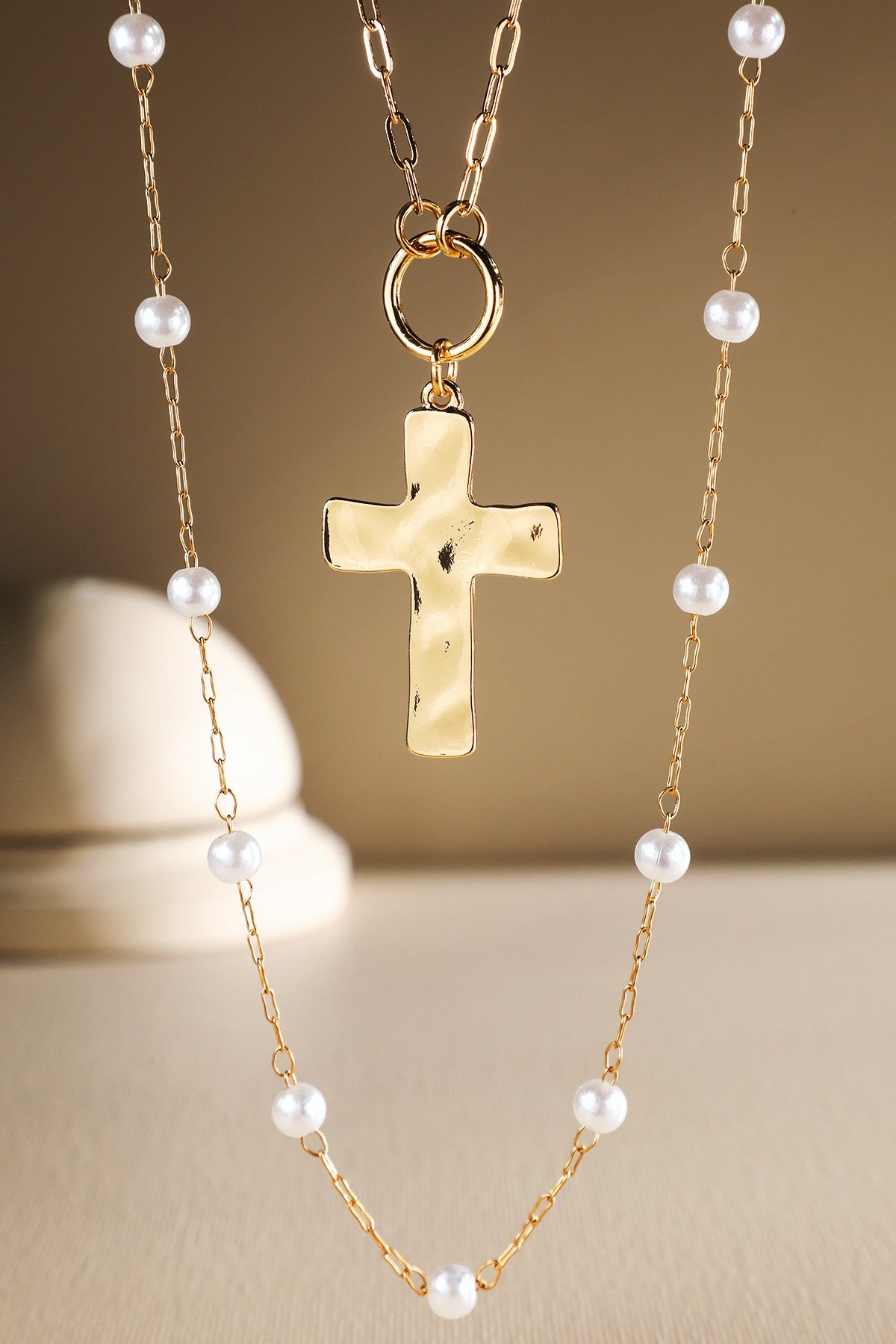 Pearl And Cross Pendant Necklace - N071GO