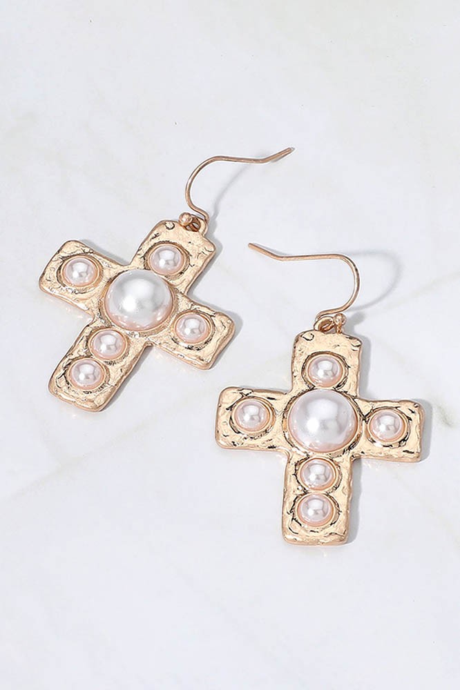 Pearl Metal Cross Earrings - E052PR