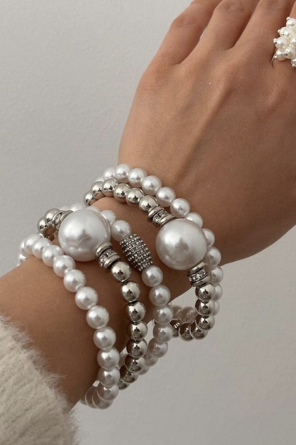 Pearl And Silver Metal Beaded Bracelet Set - B046SI