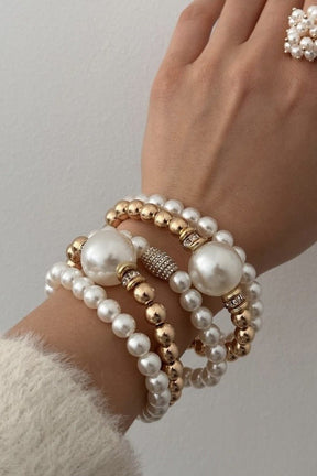Pearl And Gold Metal Beaded Bracelet Set - B035GO
