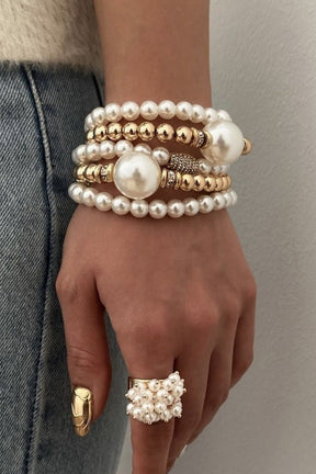 Pearl And Gold Metal Beaded Bracelet Set - B035GO