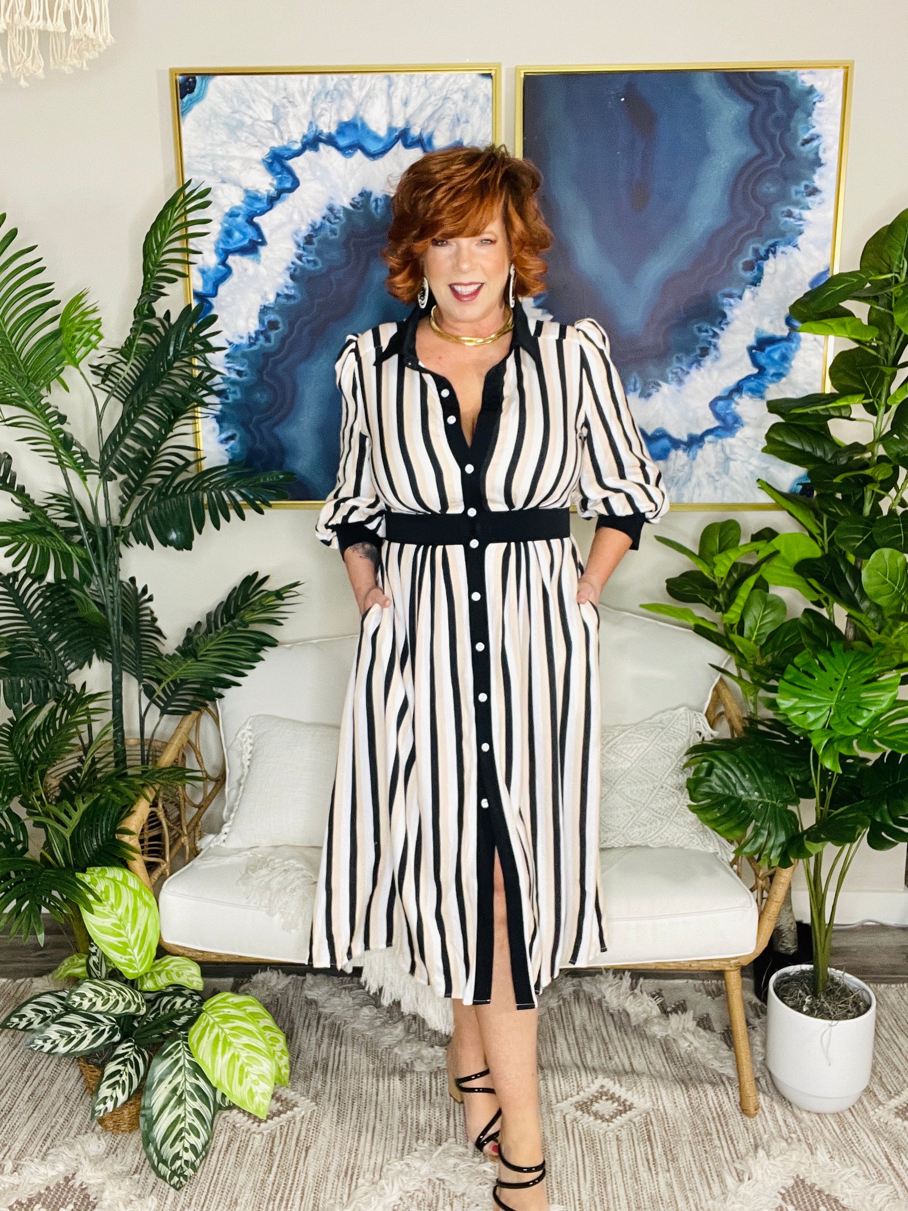 Live Your Life Stripe 3/4 Puff Sleeve Midi Dress