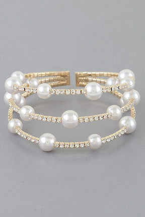 Gold Triple Pearl Jeweled Bracelet - B024GO