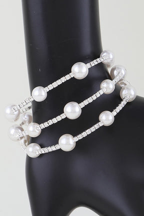 Silver Triple Pearl Jeweled Bracelet - B025SI