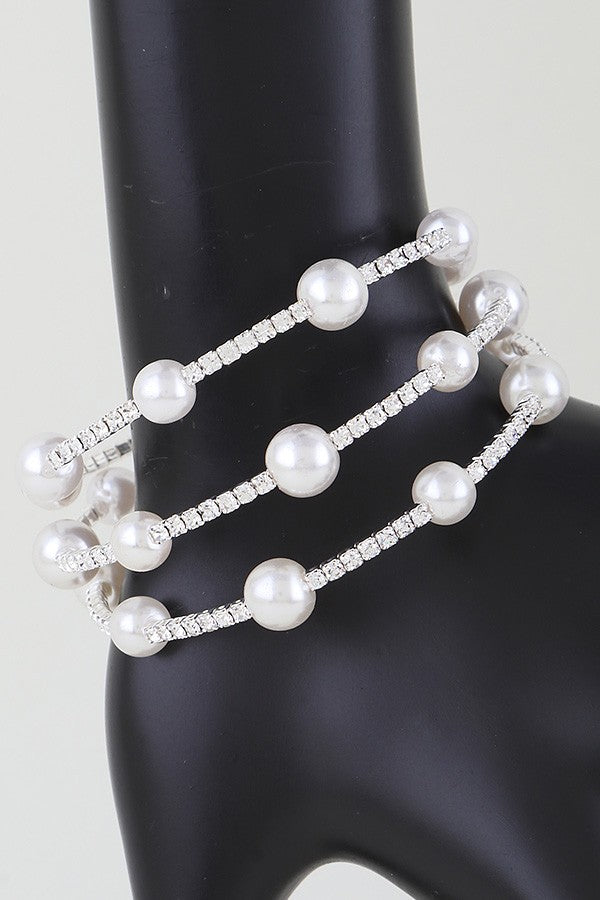 Silver Triple Pearl Jeweled Bracelet - B025SI