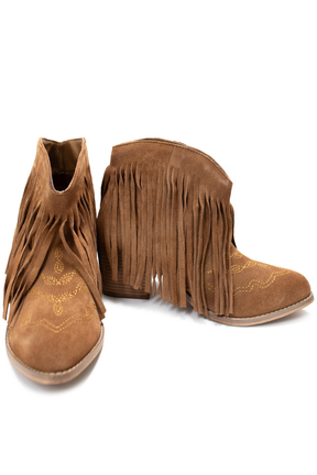 Amos Fringe Ankle Bootie in Tan Suede