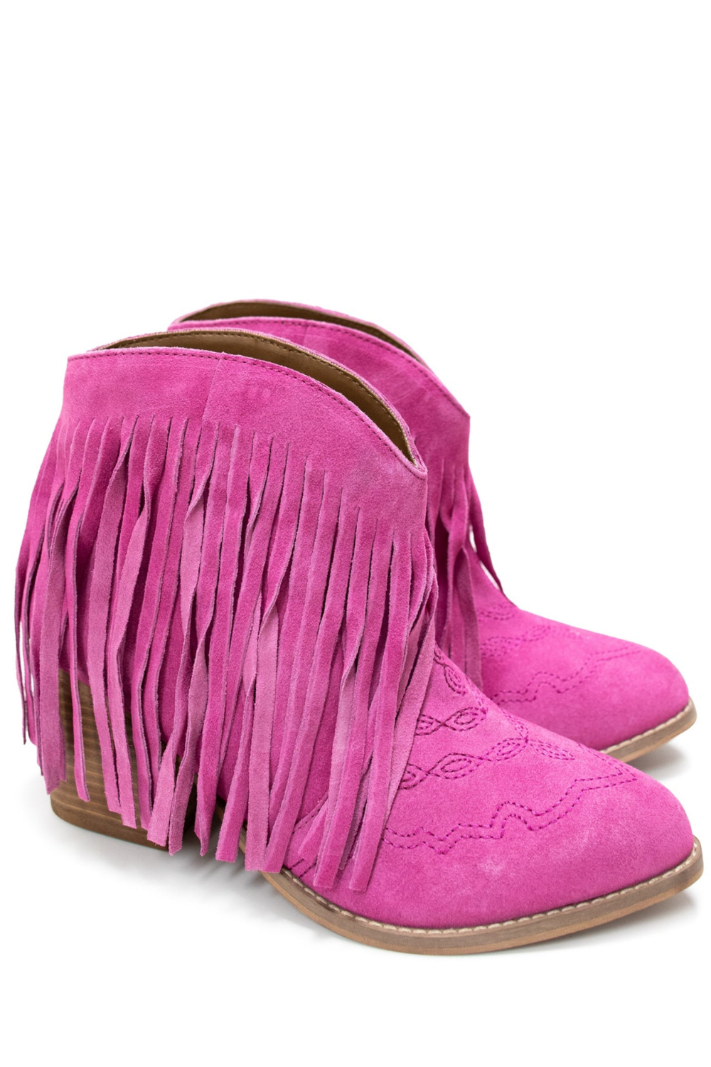 Amos Fringe Ankle Bootie in Magenta Suede