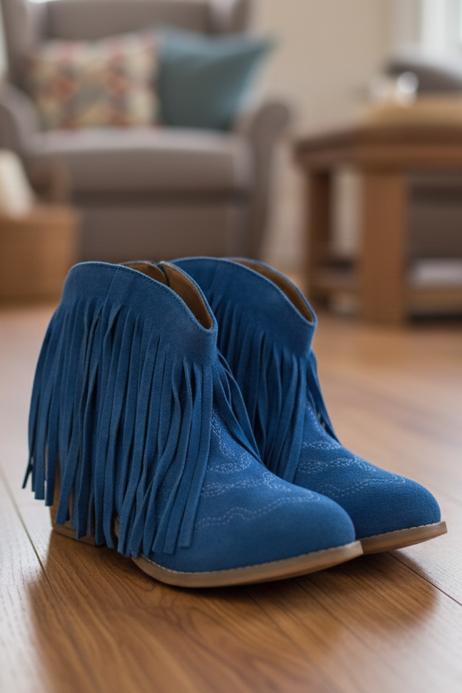 Fringe For The Win Blue Ankle Bootie