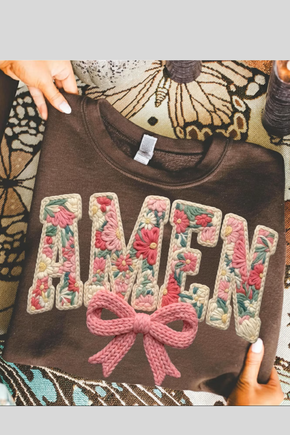 Amen in Stitches in Chocolate Graphic Tee and Sweatshirt