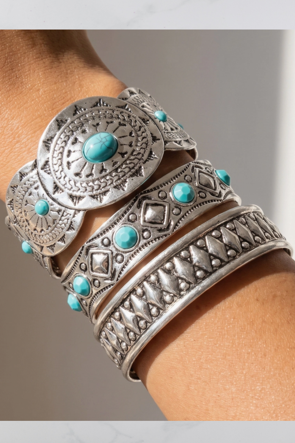 Turquoise Stone Engraved Cuff Bracelet Set - B072SI