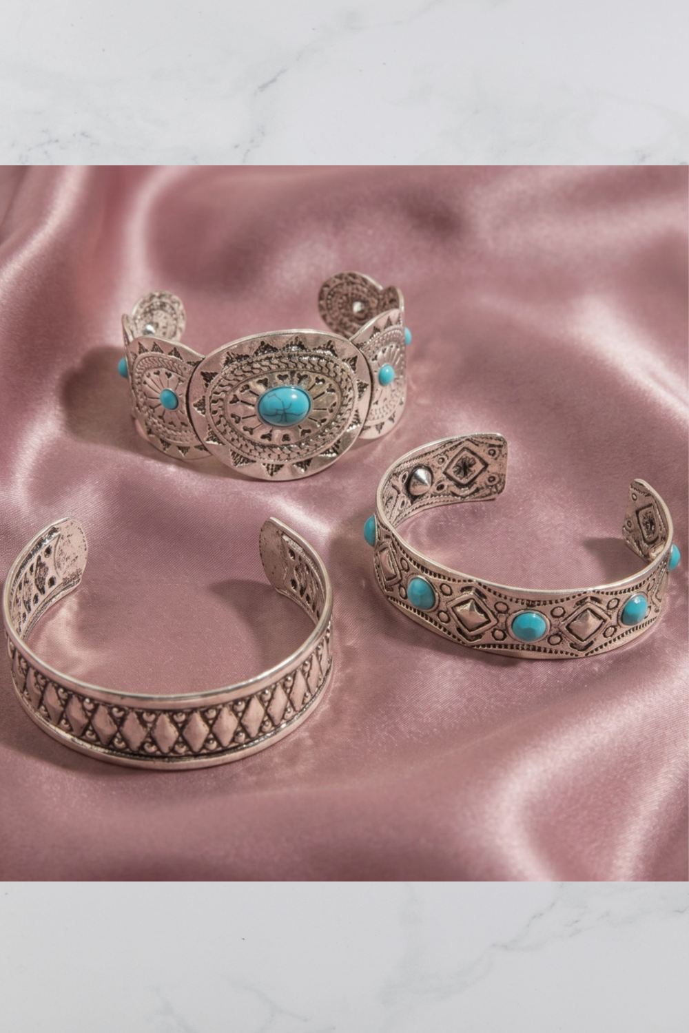 Turquoise Stone Engraved Cuff Bracelet Set - B072SI