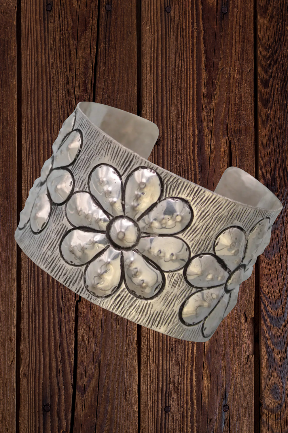 Embossed Silver Flower Cuff Bracelet - B023SI