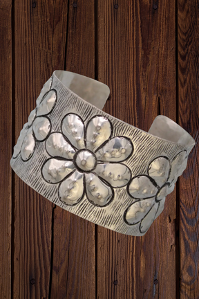 Embossed Silver Flower Cuff Bracelet - B023SI