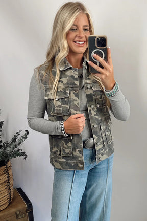 Now you see me Now you Don't -Green Camo Cargo Denim Vest