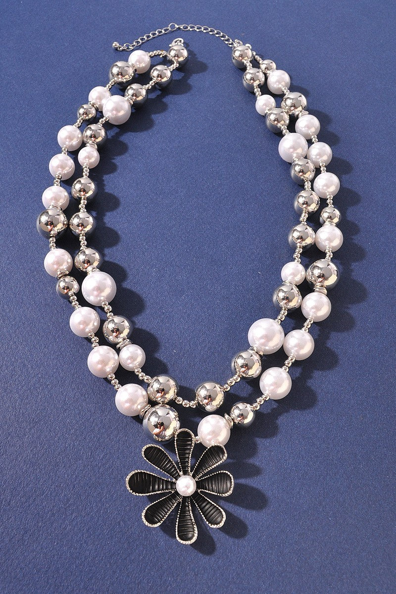 Pearl Beaded Flower Pendant Necklace - N087SI