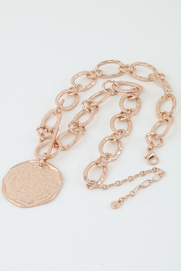Gold Hammered Disk Toggle Chain Necklace - N064GO