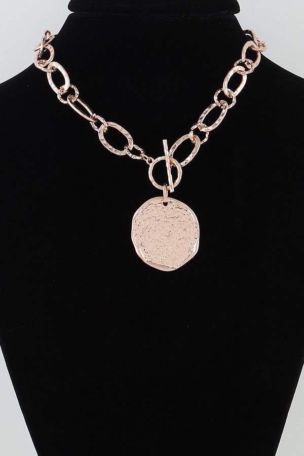 Gold Hammered Disk Toggle Chain Necklace - N064GO