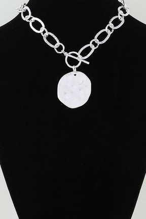 Silver Hammered Disk Toggle Chain Necklace - N063SI