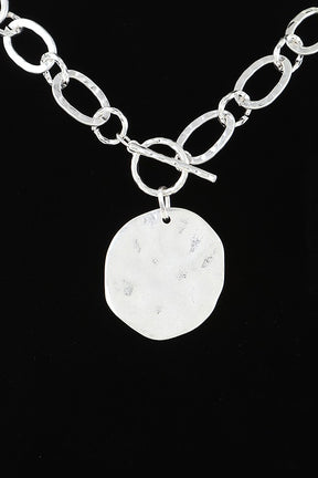 Silver Hammered Disk Toggle Chain Necklace - N063SI