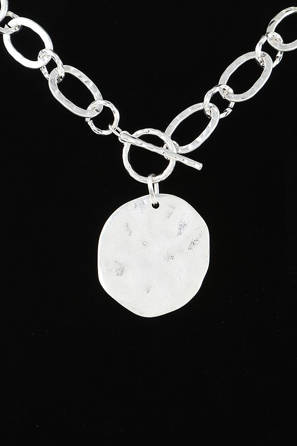 Silver Hammered Disk Toggle Chain Necklace - N063SI