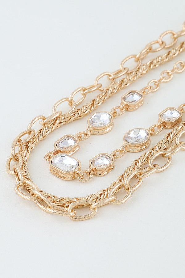 Gold Multi Rhinestone Charm Chain Necklace - N074GO