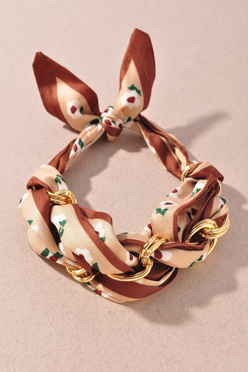 Floral Print Scarf Bracelet With Gold Rings - B024BR