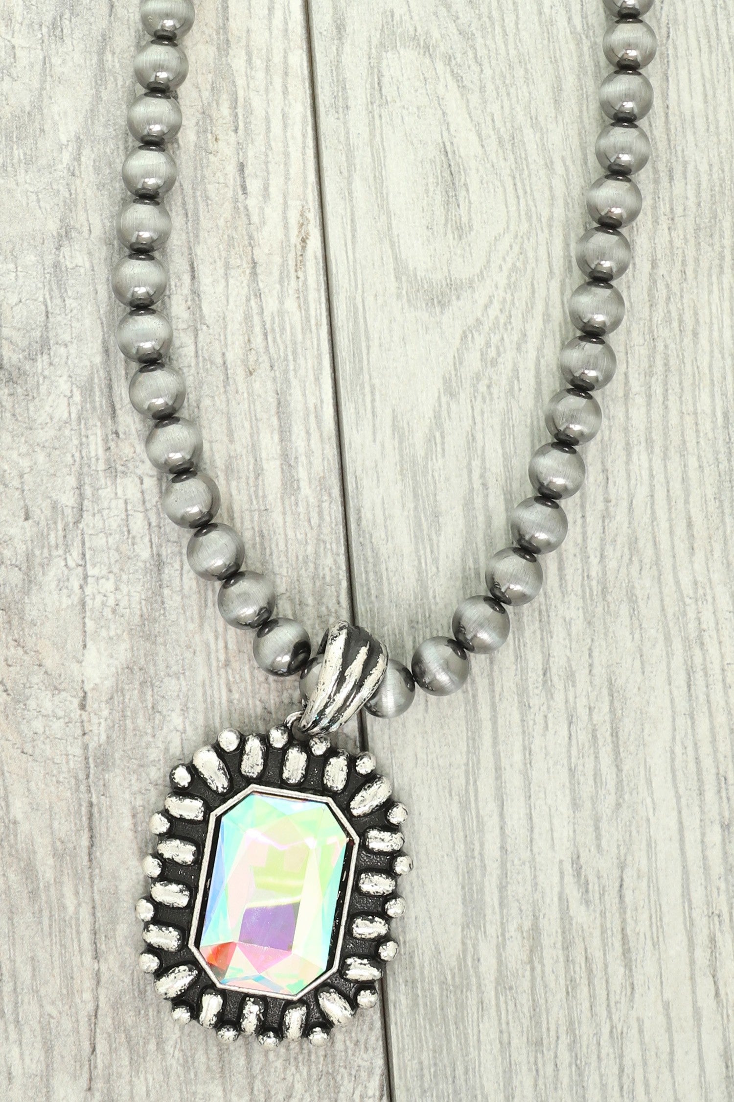 Rectangle Crystal Pendant Bead Necklace - N085SI